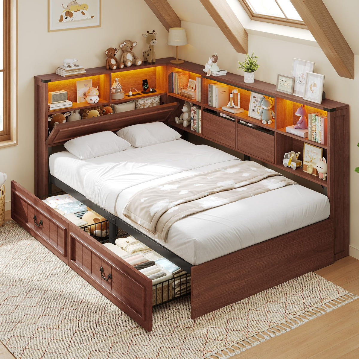 Twin Corner Bed Frame with Storage Drawers and Bookcase U644276