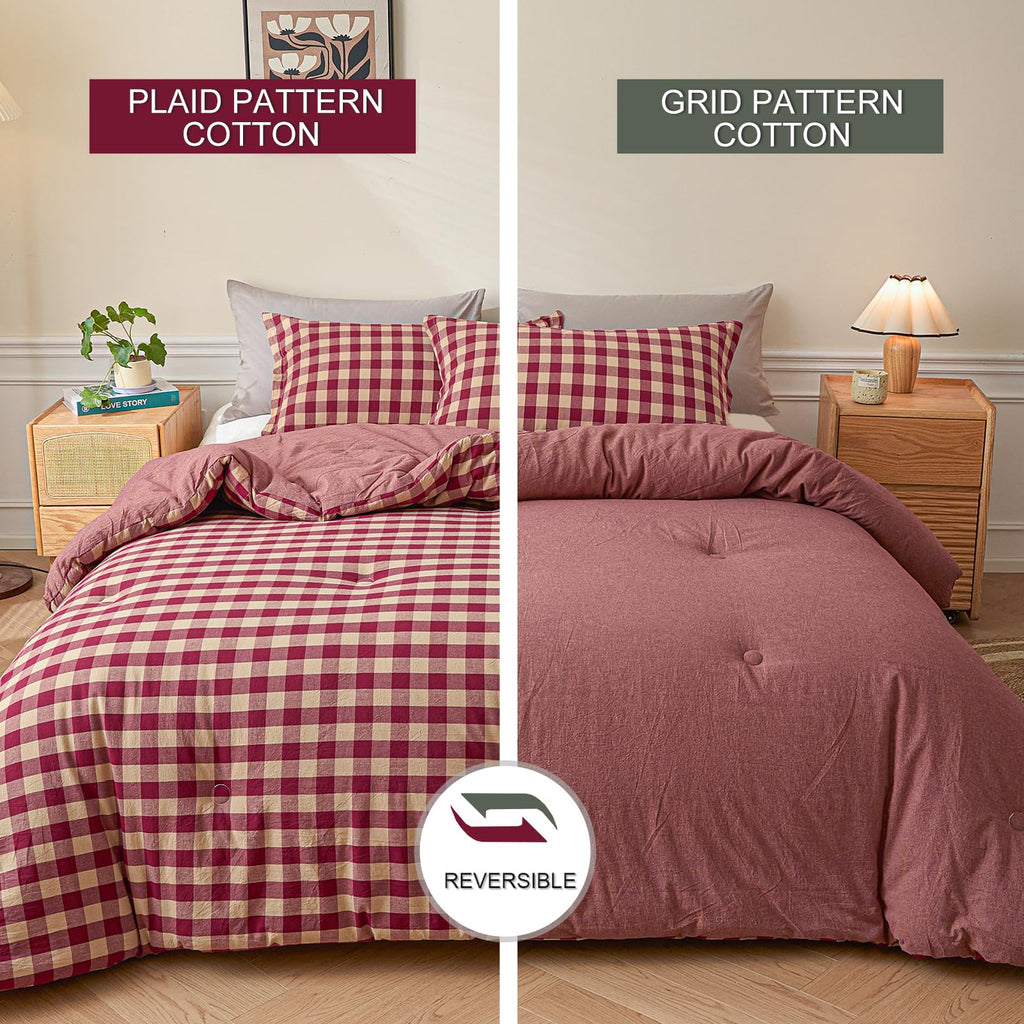 Cotton Plaid King Comforter Set 3 Pieces with 2 Pillow Shams D6125