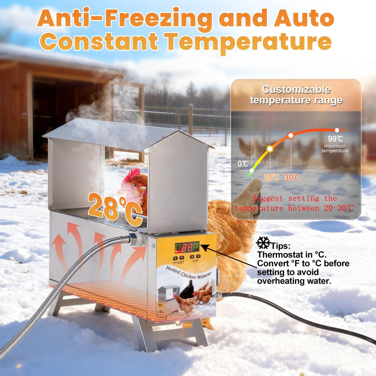 Heated 2 Gallon Stainless Steel Chicken Waterer I729