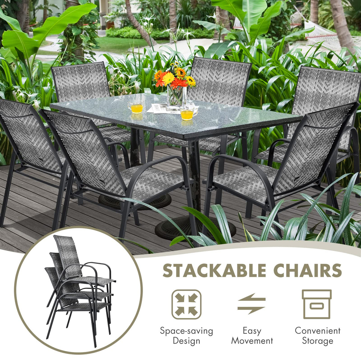 Stackable PE Wicker Patio Arm Chairs Set of 6 O18340