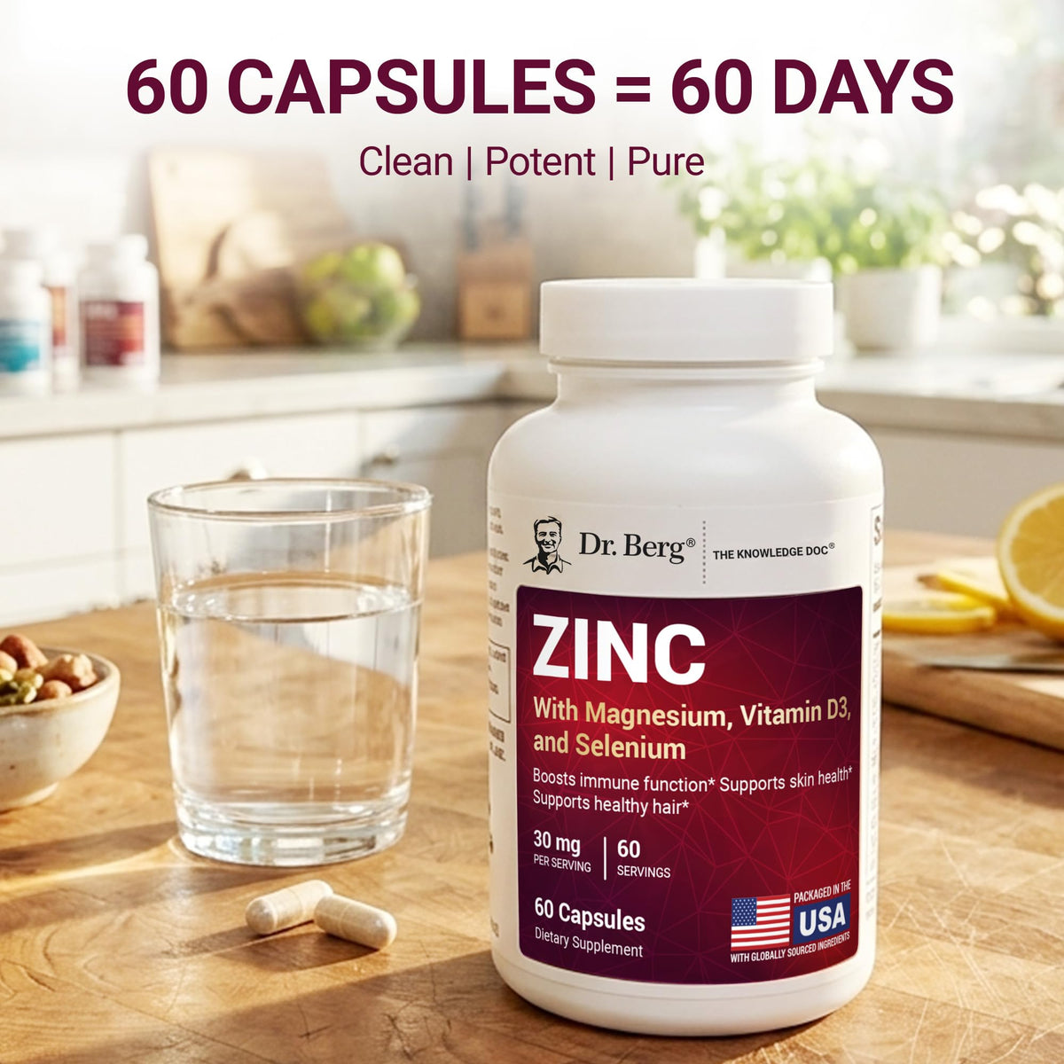 Zinc 30 mg 60 Capsules Chelated with Vitamin D & Selenium H35078