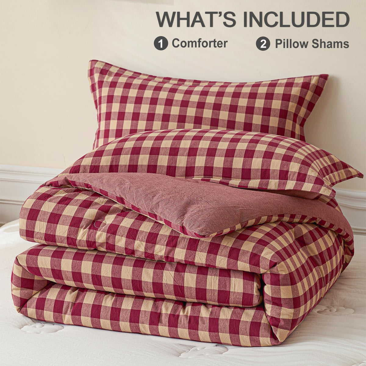 Cotton Plaid King Comforter Set 3 Pieces with 2 Pillow Shams D6125