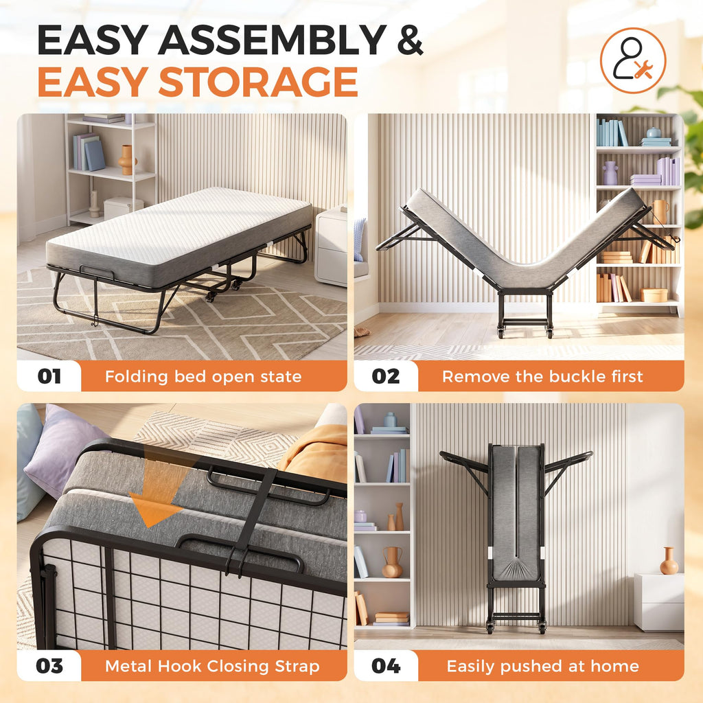 Folding Bed with Memory Foam Mattress Twin Size Metal Frame W938