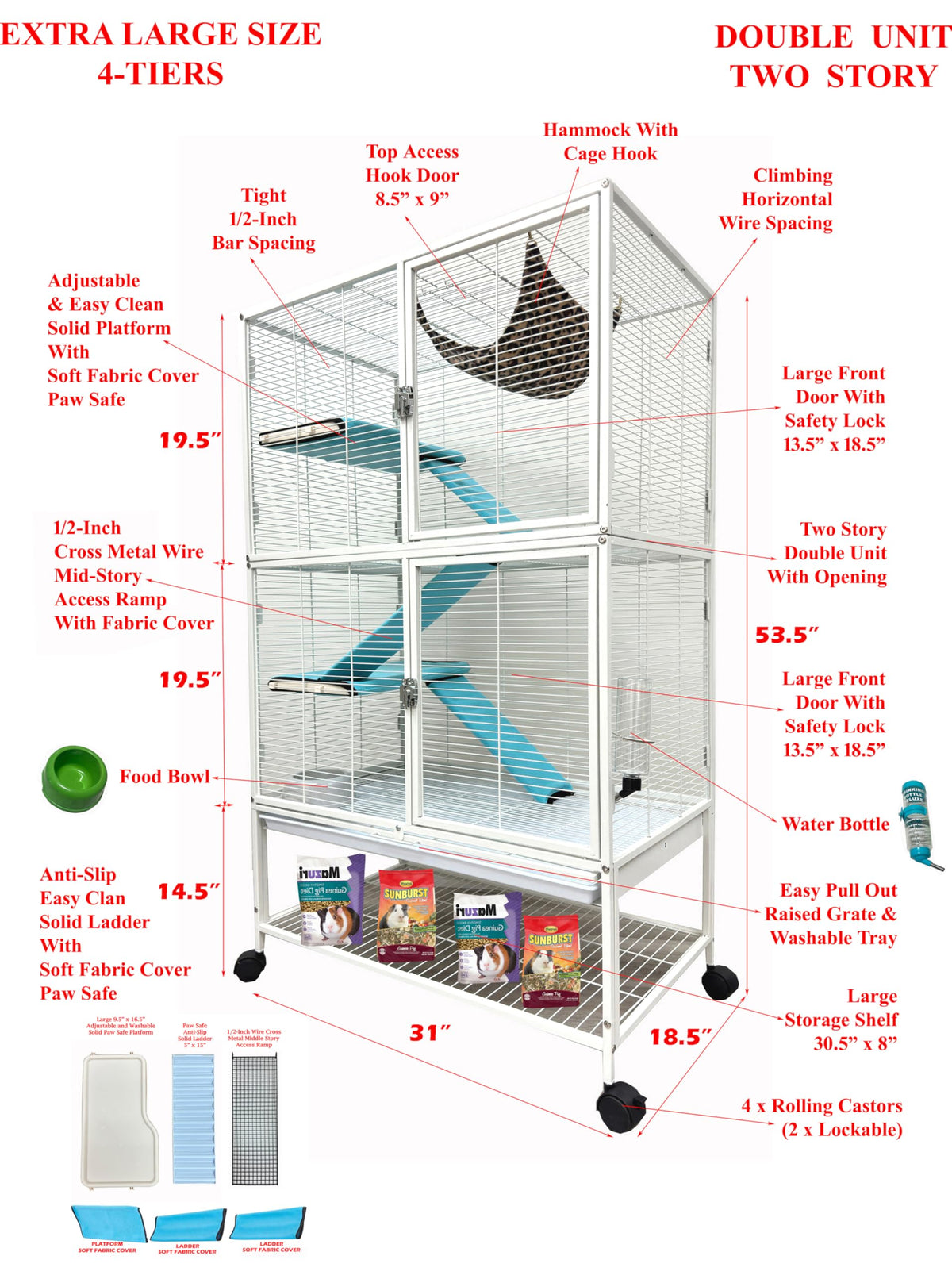 X-Large 4-Tiers Two Full Story Double Unit Critter Home On Wheels P897