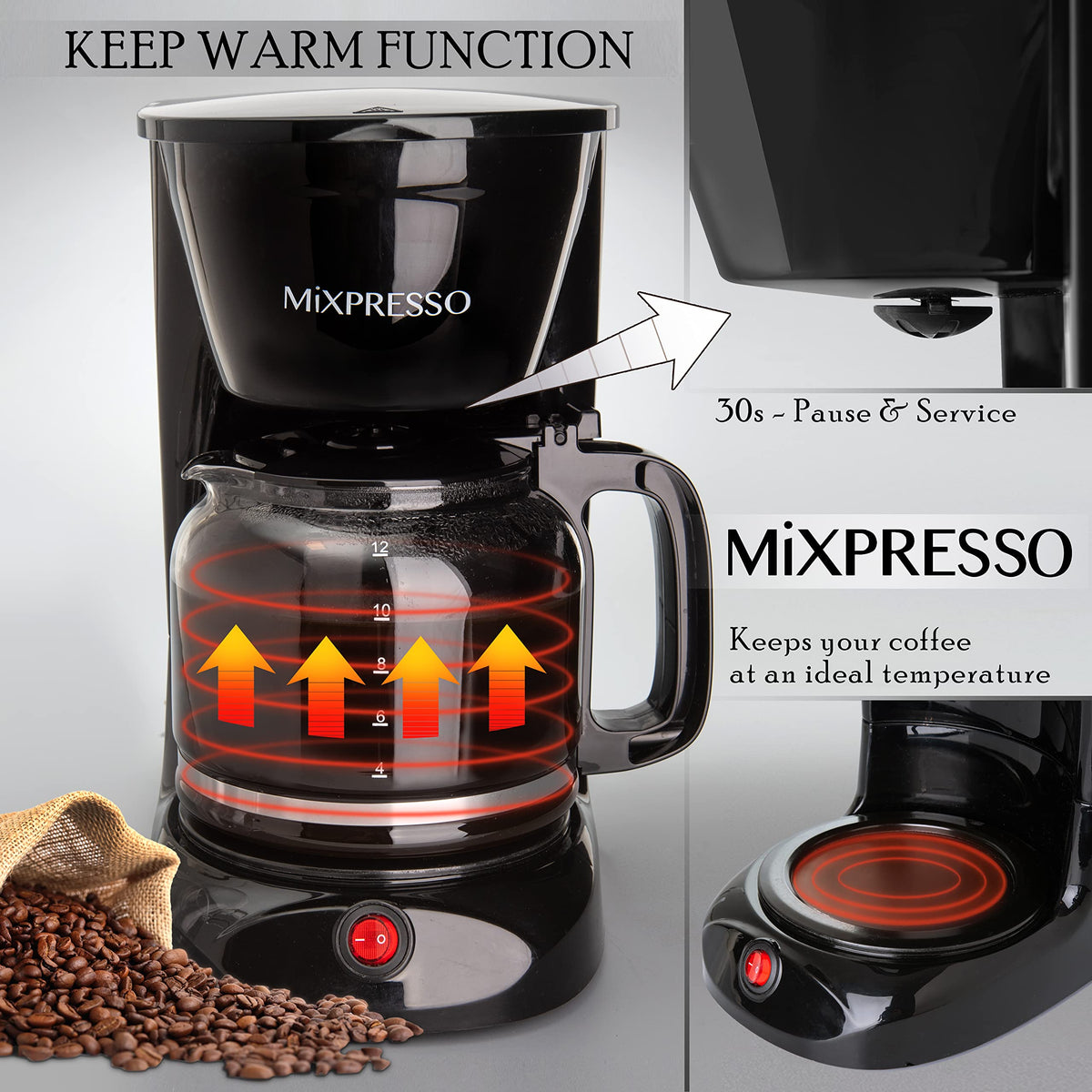 12 Cup Drip Coffee Maker with Reusable Filter, Black O8153