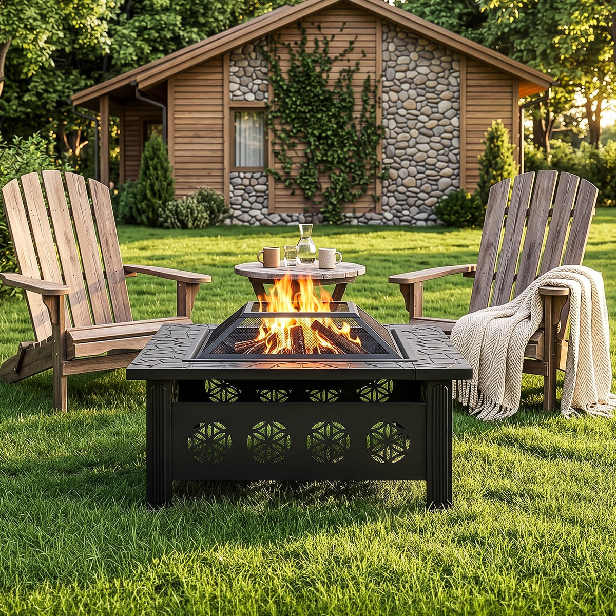32 Inch Square Wood Burning Fire Pit Table with Spark Screen Lid and Fire Poker Y24733
