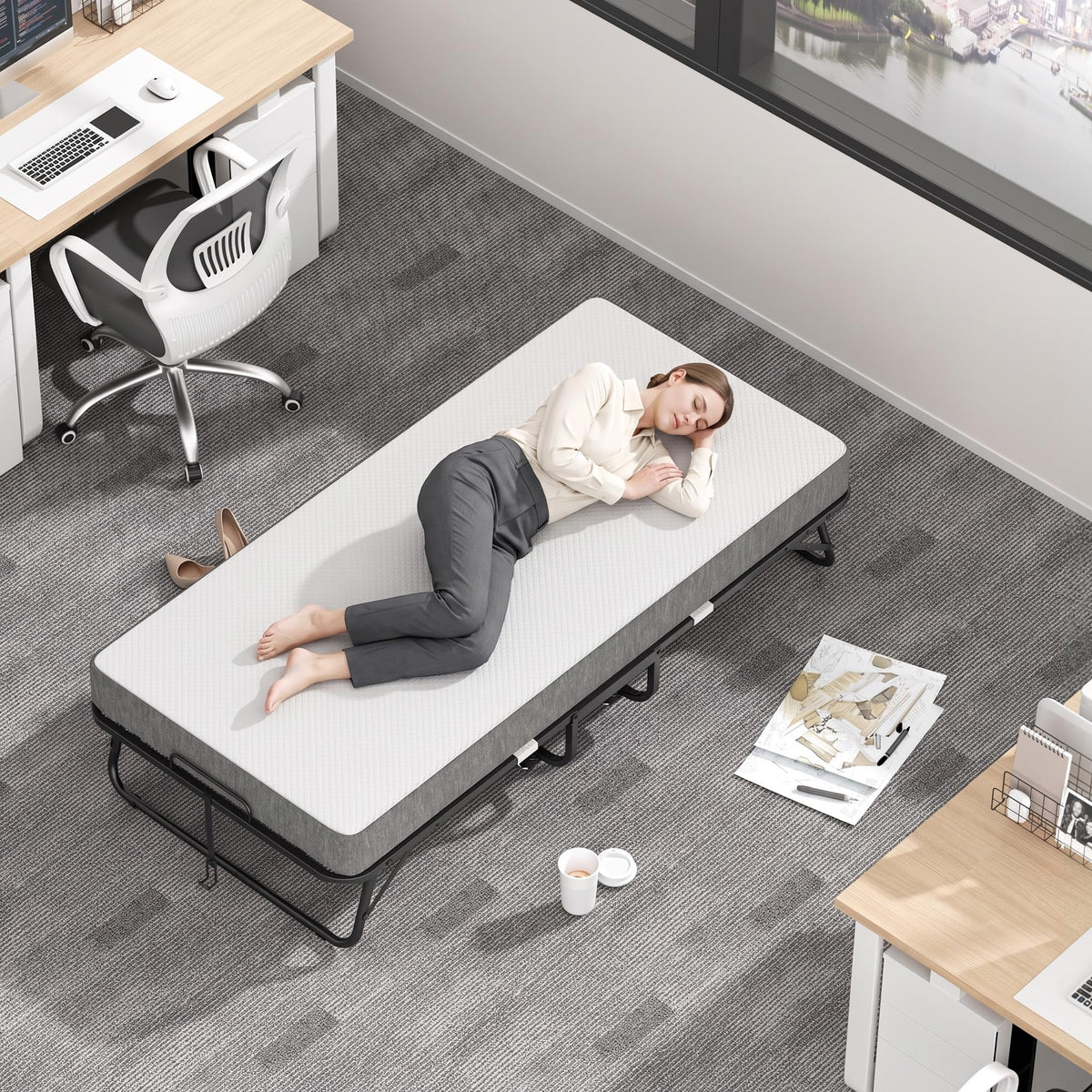 Folding Bed with Memory Foam Mattress Twin Size Metal Frame W938