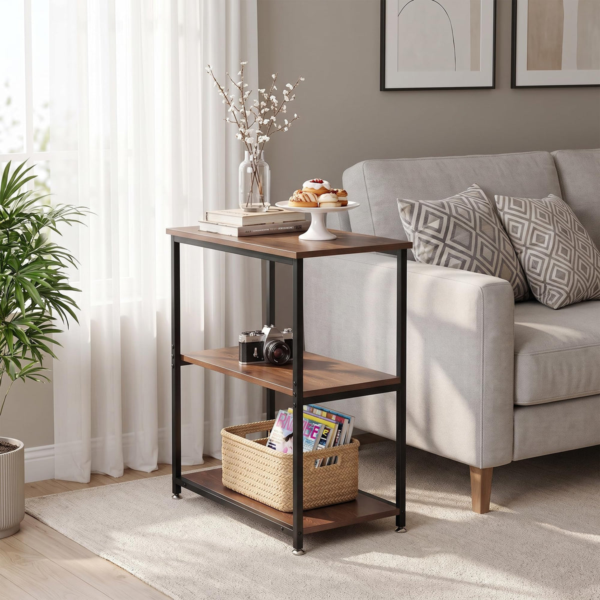 Tall End Side Table with 3-Tier Storage Shelf U791