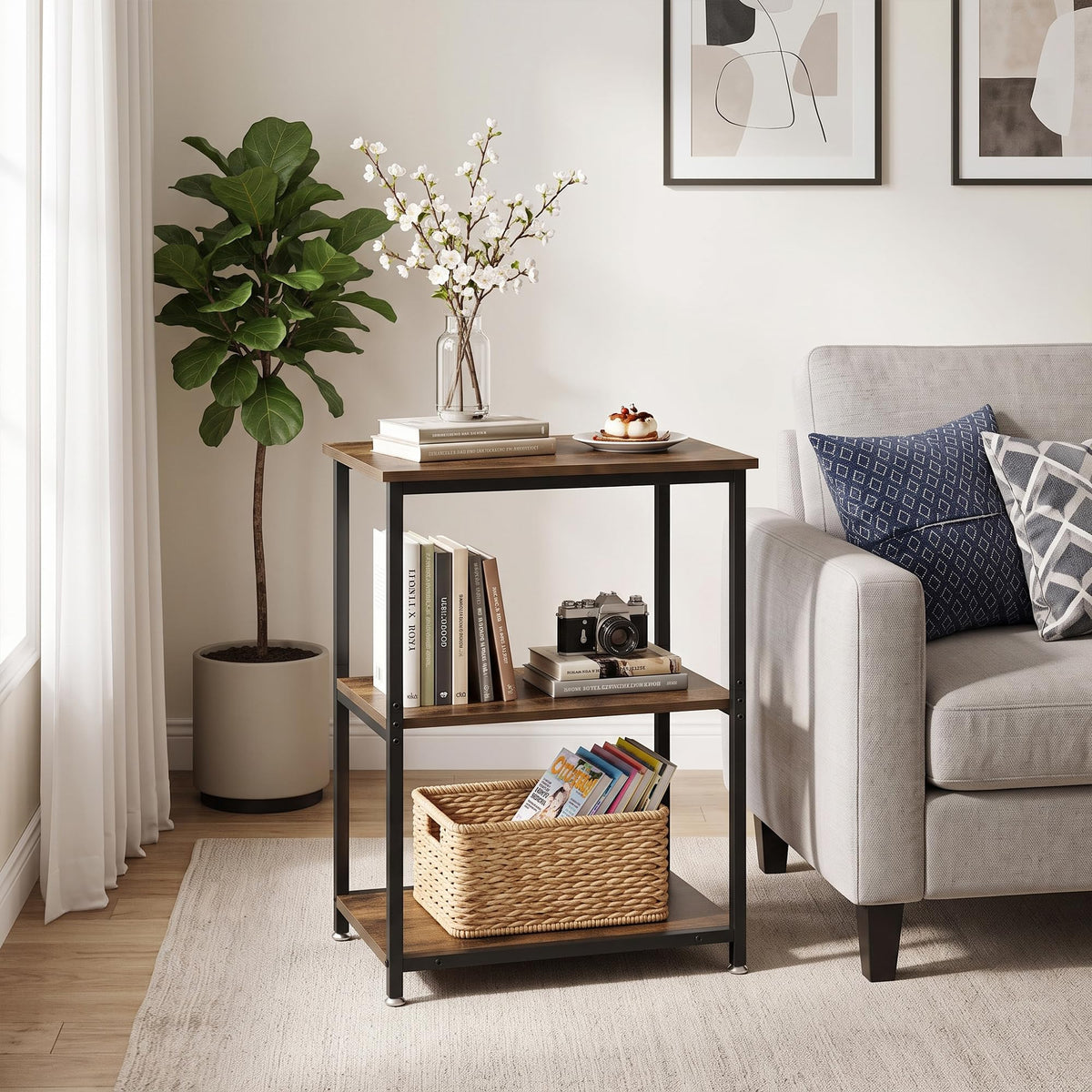 Tall End Side Table with 3-Tier Storage Shelf U791