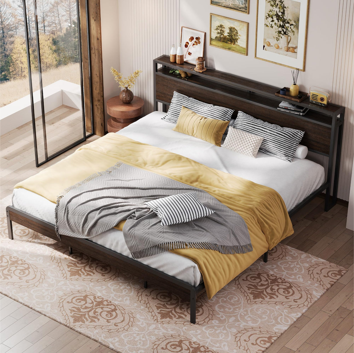 California King Bed Frames with Storage Shelf Headboard J30085