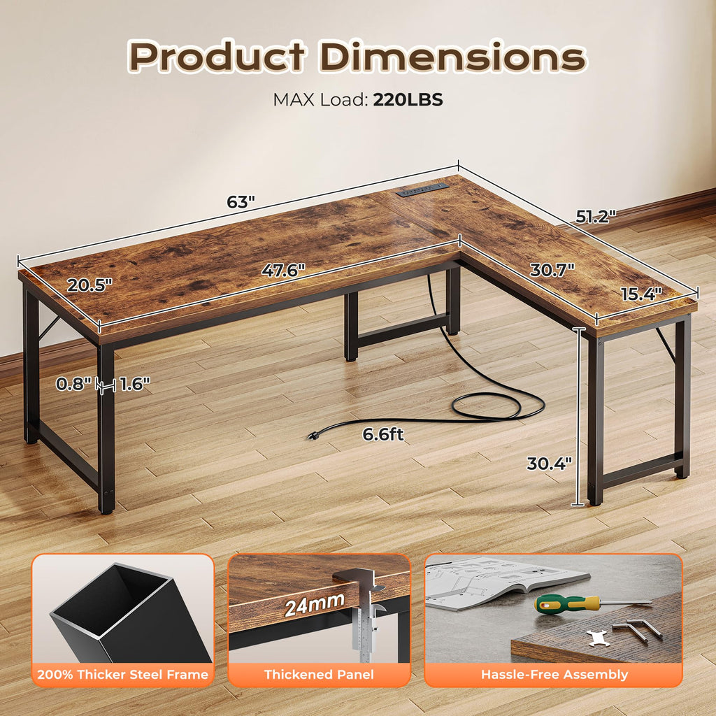 63 Inch L Shaped Desk with Power Outlets A177